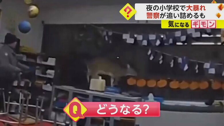 教室の本棚の上に飛び乗ったシカ