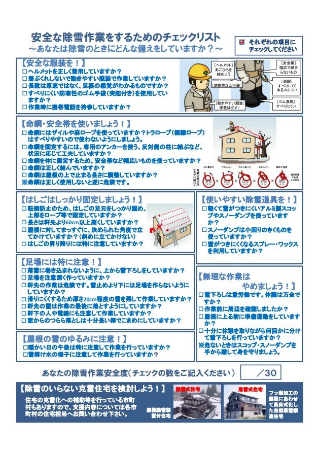 安全な除雪作業をするためのチェックリスト（提供：国交省）