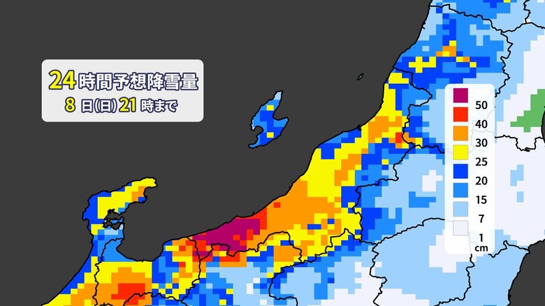 24時間予想降雪量(7日午後9時～)