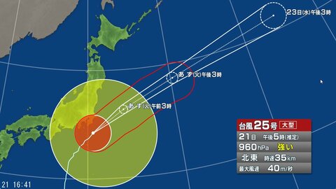 【台風情報】台風25号の進路予想　関東甲信地方には21日夜遅くにかけかなり接近する見込み　24時間予想降水量は関東地方南部200ミリ・北部180ミリ・伊豆諸島100ミリ（22日午後6時まで 多い所で）　土砂災害、低い土地や地下施設への浸水、川の増水や氾濫に厳重警戒　