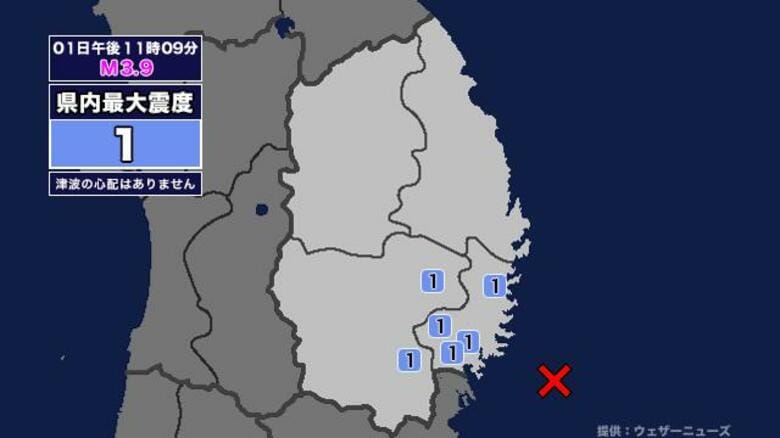 【地震】岩手県内で震度1 宮城県沖を震源とする最大震度1の地震が発生 津波の心配なし｜FNNプライムオンライン