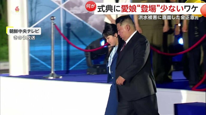ミサイル配備式典で並んで歩く金正恩氏とジュエ氏とみられる女性