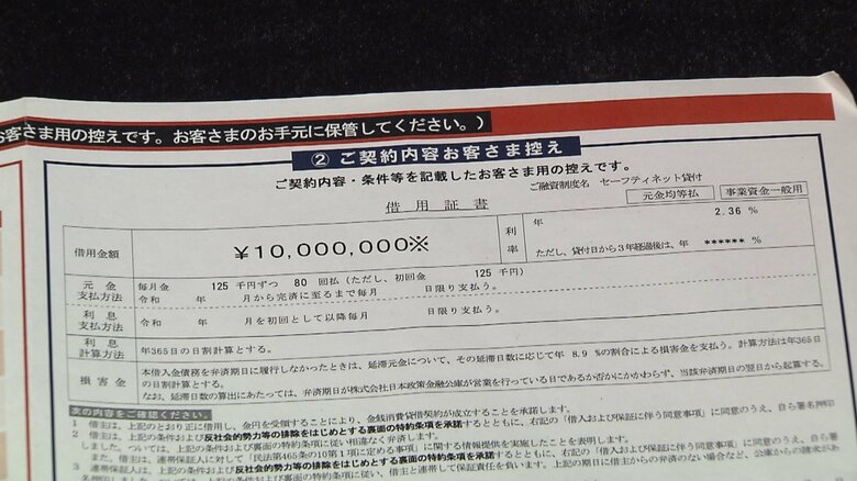 日本政策金融公庫の借用書控え（資料より）