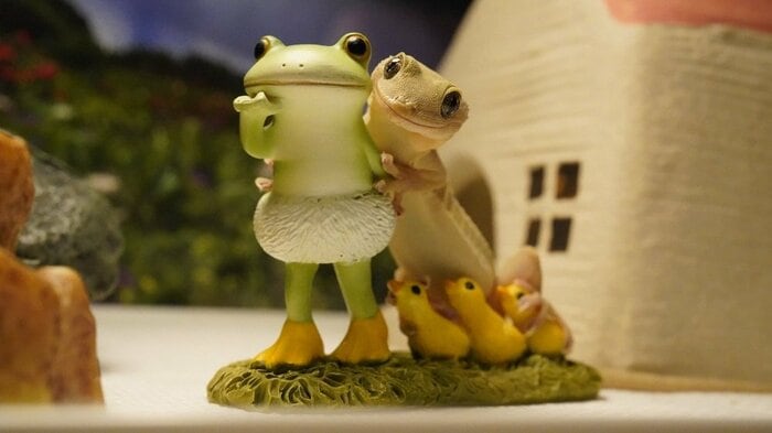 アヒル姿のカエルとヒナたちと一緒にポーズするするめちゃん