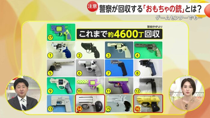 警察が回収を呼びかけている「おもちゃの銃」一覧。江原容疑者が所持していた銃も2つ含まれる