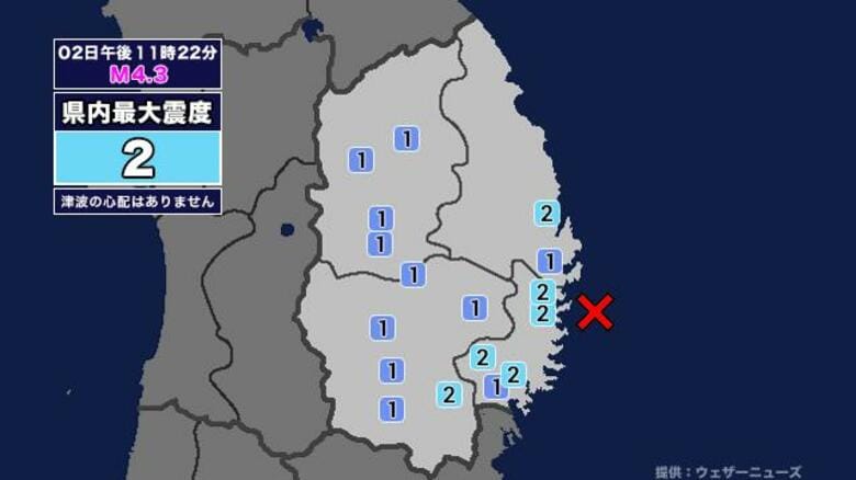 【地震】岩手県内で震度2 岩手県沖を震源とする最大震度2の地震が発生 津波の心配なし｜FNNプライムオンライン