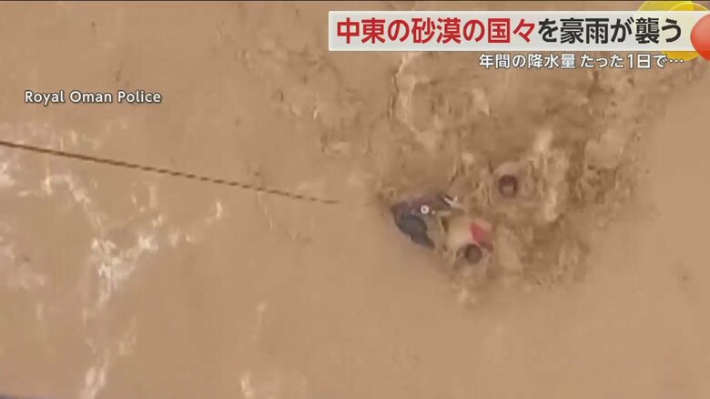 ヘリから降下した救助隊員が濁流にのまれた人を救助する一部始終