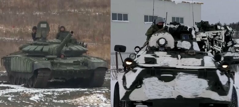 演習中のロシア軍T-72B3戦車(左)とBTR-82A装輪装甲兵員輸送車(右)