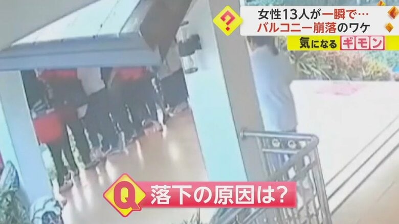 バルコニーが崩落し女性たちが落下する瞬間の映像①