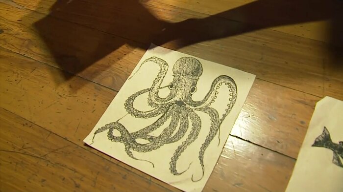 たくさんの魚のイラストを机に並べた悠くん