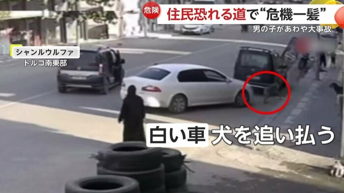 白い車が間に入り難を逃れた男の子(IHA)