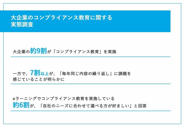 【毎年10月は企業のコンプライアンス強化月間!】大企業の約9割がコンプラ教育を「実施」 一方で、「毎回同じ内容の繰り返し」といった課題も