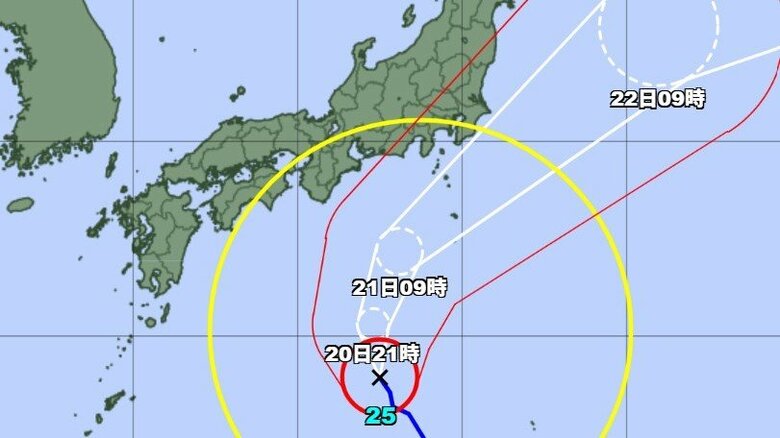 【台風情報】台風25号の今後の進路予想　関東甲信地方には21日昼前から夜遅くにかけ、かなり接近する見込み　一部の電柱が倒壊したり、建物の一部が広範囲に飛散するおそれもある猛烈な風が吹く所がある見込み｜FNNプライムオンライン