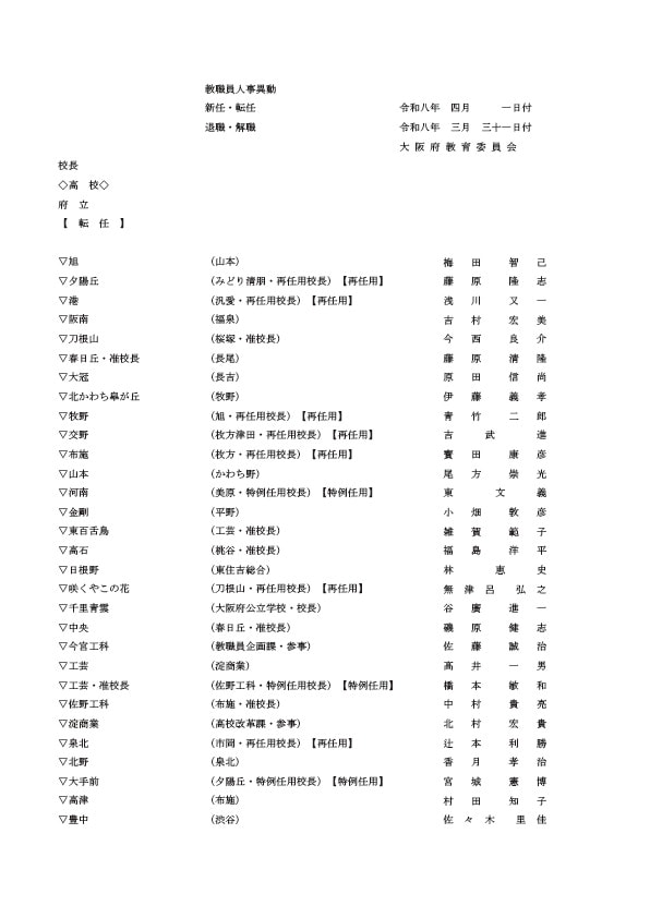 府立高校の校長・転任
