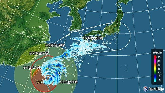 台風30号の進路予想図と雨雲（日本気象協会tenki.jpより）