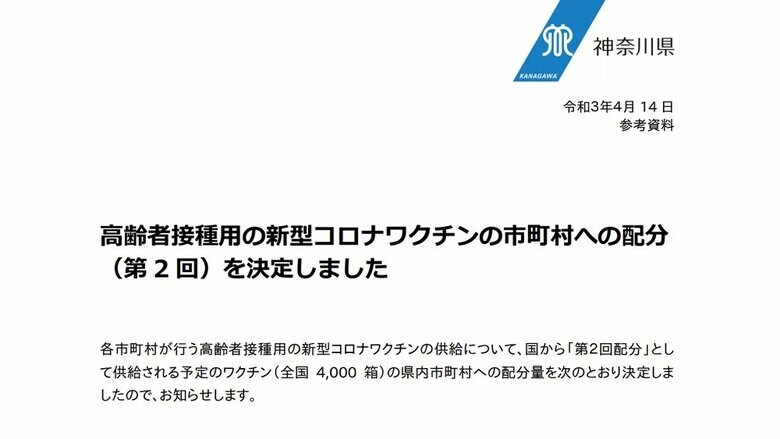 神奈川県 高齢者接種用の新型コロナワクチンの第2回市町村配分を決定