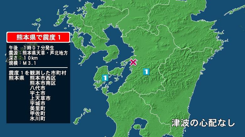 熊本県で最大震度1の地震　熊本県・熊本西区、熊本南区、八代市、宇土市、宇城市、熊本美里町、甲佐町、氷川町｜FNNプライムオンライン