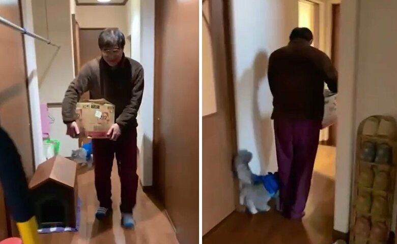 テオくんが家に来て間もないころの様子。ぎこちない動きのお父さんを追いかけるテオくん