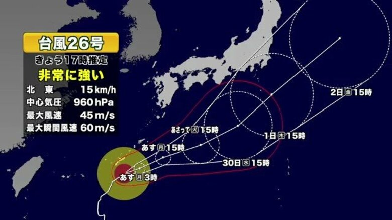 【台風情報】台風26号、奄美南部がすでに強風域　中心付近の最大風速45m「非常に強い勢力」で北東へ　今後の進路予想　｜FNNプライムオンライン