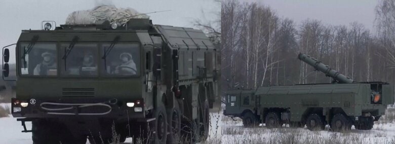 移動するロシア軍のイスカンデルMミサイル複合システム(左)、巡航ミサイルキャニスターを立てるイスカンデルMミサイル複合システム(右)