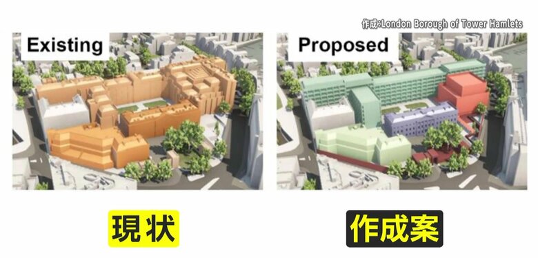 現状（左）と完成予想（右）　（作成：London Borough of Tower Hamlets）