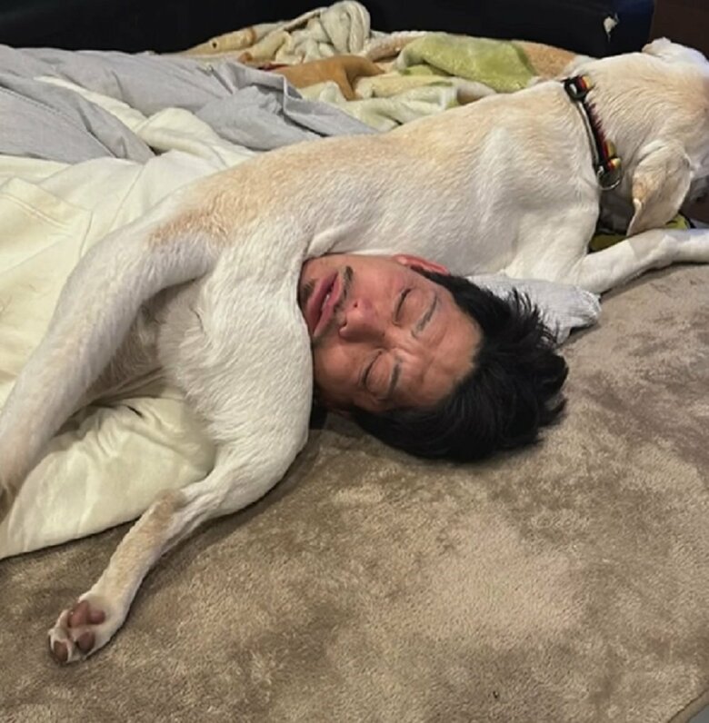 旦那さんの上に堂々と寝そべるえまちゃん