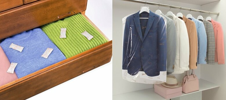 左：ネオパラエース　右：ムシューダ 防虫カバー スーツ・ジャケット　使用シーン（提供：エステー株式会社）