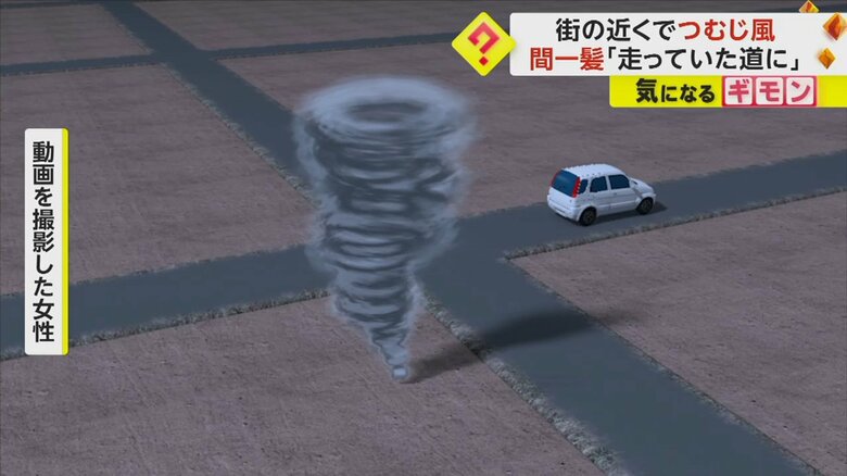 動画を撮影した女性が語るつむじ風の進路のイラスト
