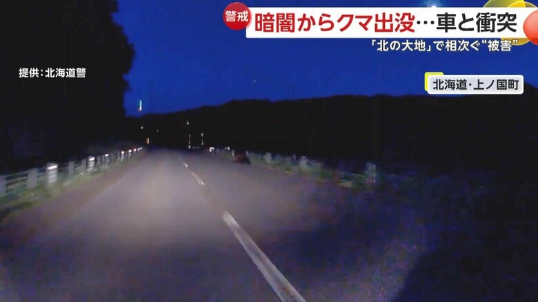 クマと衝突する衝撃的な瞬間（3日午後7時半頃、北海道・上ノ国町）①