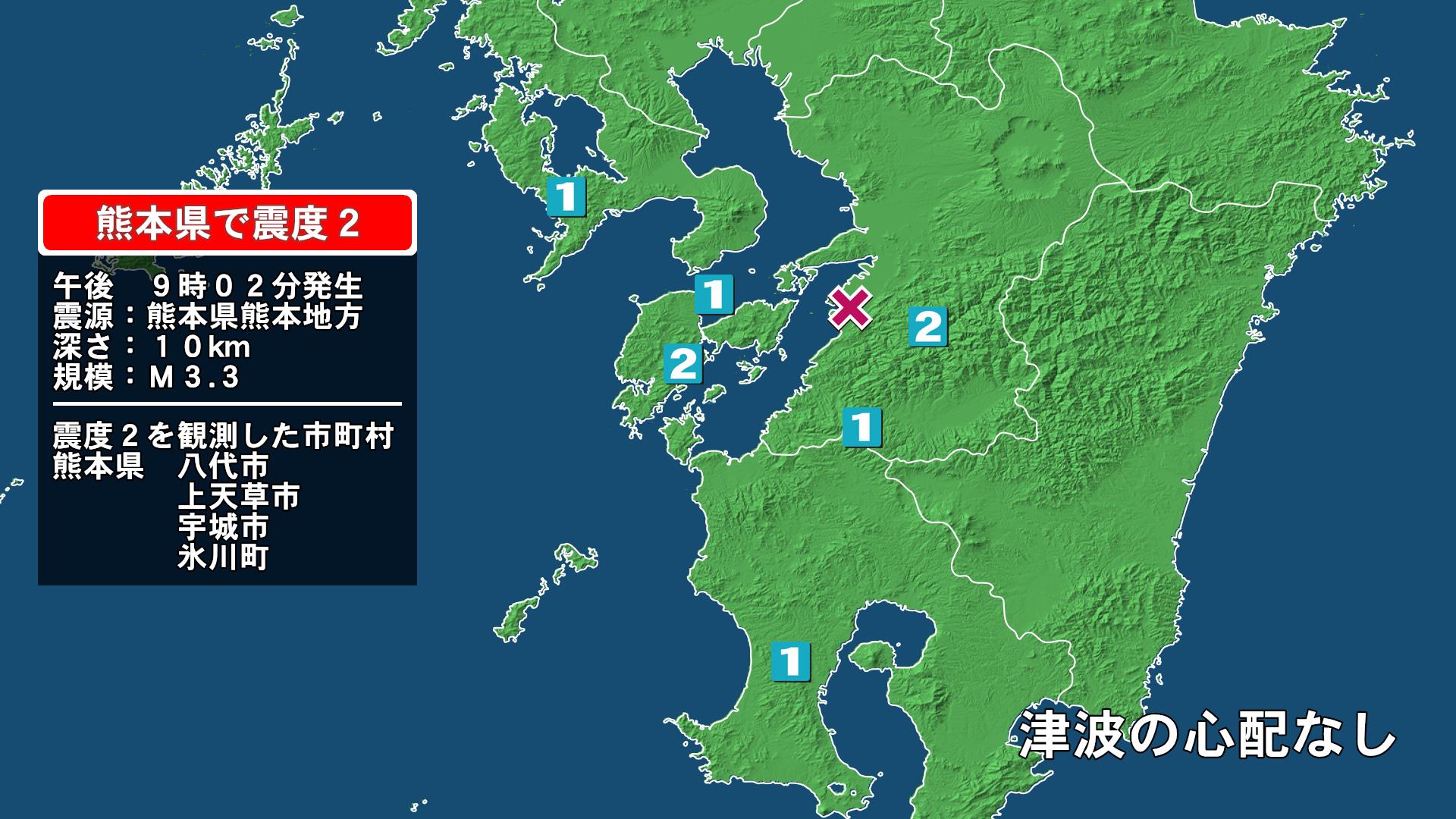 熊本県で最大震度2の地震　熊本県・八代市、宇城市、氷川町、上天草市