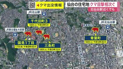 仙台市内の住宅地でクマの目撃相次ぐ　夜から朝にかけて　警察は同一個体とみて警戒を呼び掛け〈仙台市〉
