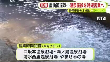 重油の確保が難しく市営の温浴施設で時短営業　最大で4時間短く　静岡市内の3施設　影響が長期化した場合は休館も