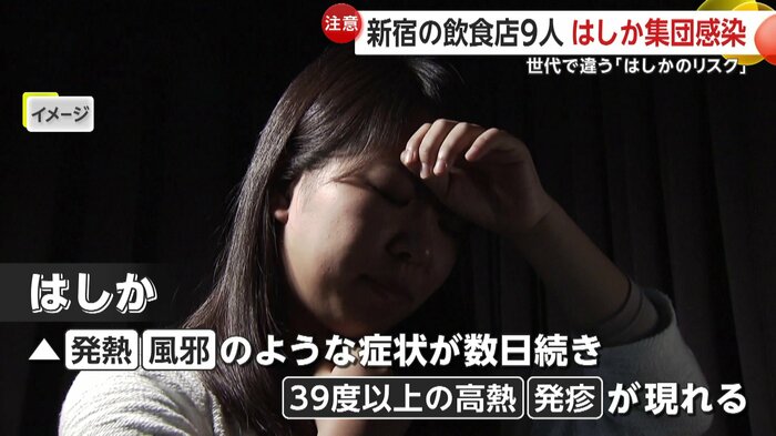 潜伏期間10日から12日ほどで発熱や風邪のような症状が数日続き39度以上の高熱や発疹が現れる