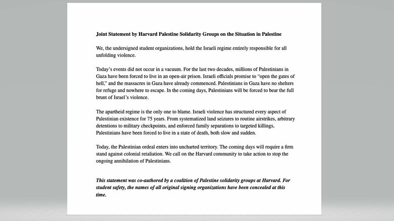 ハーバード大の学生団体による共同声明（学生新聞「ハーバード・クリムゾン」より）
