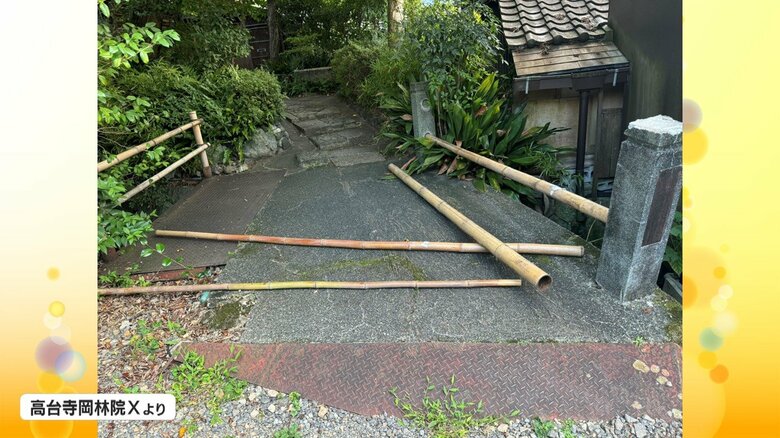 欄干が壊され、竹が放置されている