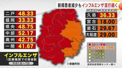 新規患者数減少もインフルエンザ流行続く　5週連続で警報基準超え　岩手県