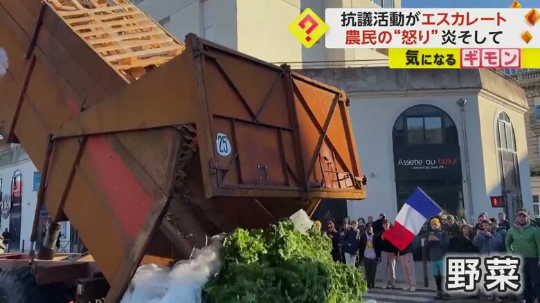 トラックから野菜が捨てられる様子