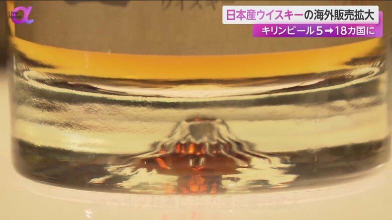 キリンビールのプレミアムウイスキー「富士」のボトルには富士山があしらわれている