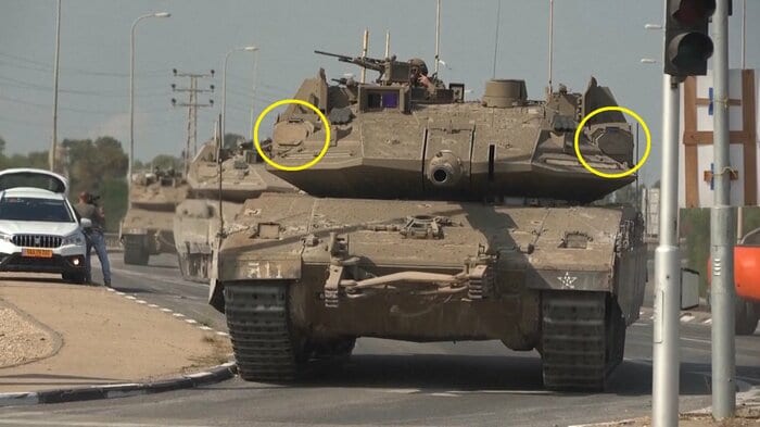 10月10日ガザの東約5kmに迫ったメルカバMk.4M戦車 円内はトロフィー・アクティブ防護システムのレーダーアンテナ