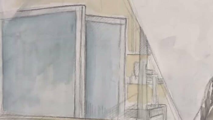 妹は衝立の中で証言(法廷内イラスト)