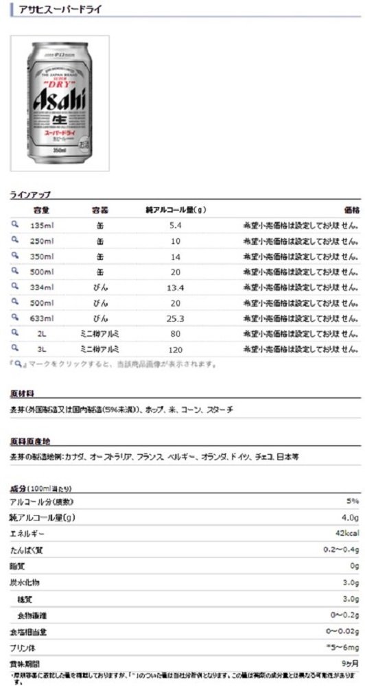 純アルコールグラム量 HP開示イメージ(画像提供:アサヒビール)