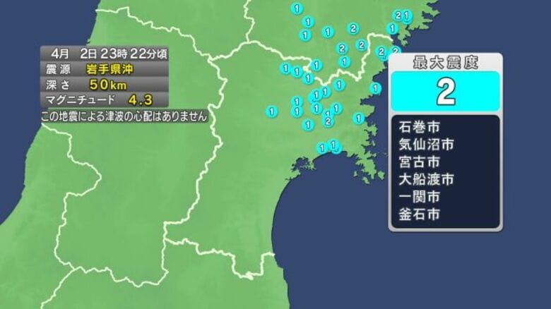【速報】宮城で震度2　津波の心配なし｜FNNプライムオンライン