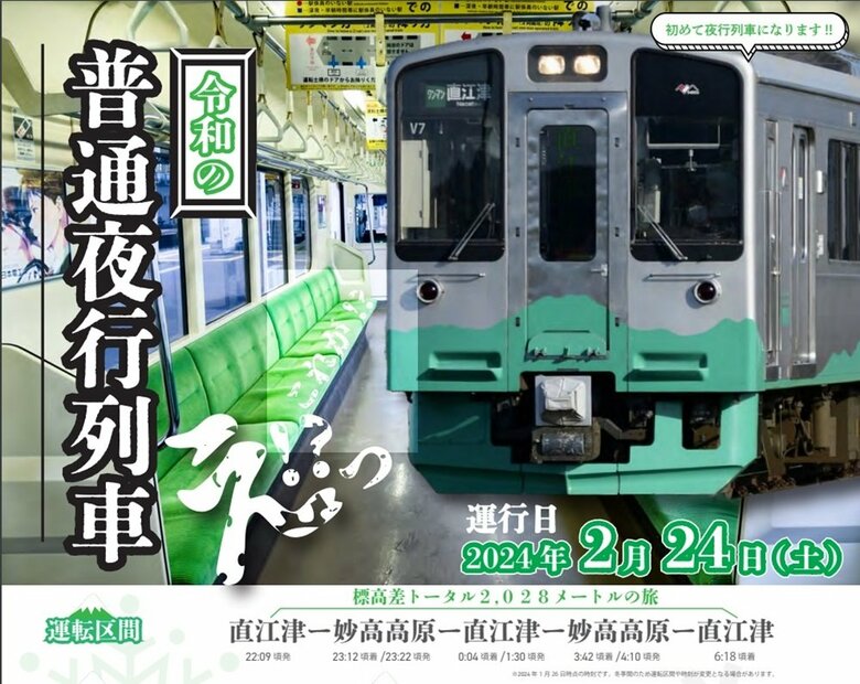 チラシの一部（妙高はねうまラインの普通列車車両）（画像提供：えちごトキめき鉄道）