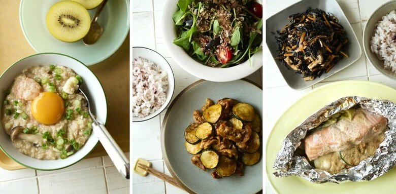 左から、1日目朝食・昼食・夕食（撮影／邑口京一郎　スタイリング／なかざわひろ美）