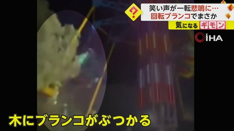 そばの木に回転ブランコがぶつかっている