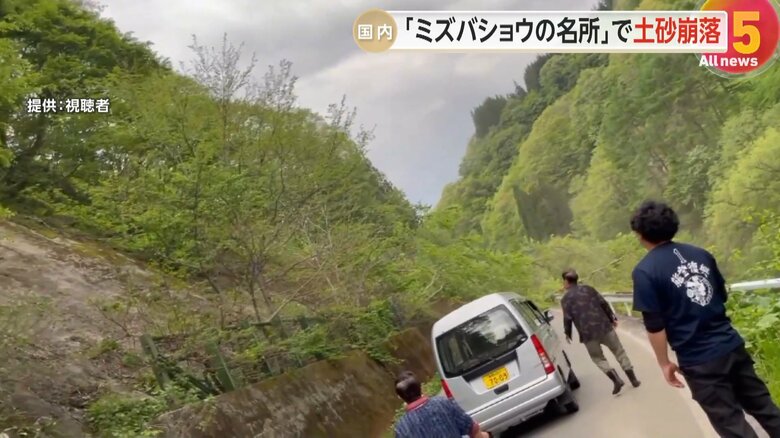 林道脇の斜面から土砂とともに、大きな木々が崩れ落ちる一部始終⑦