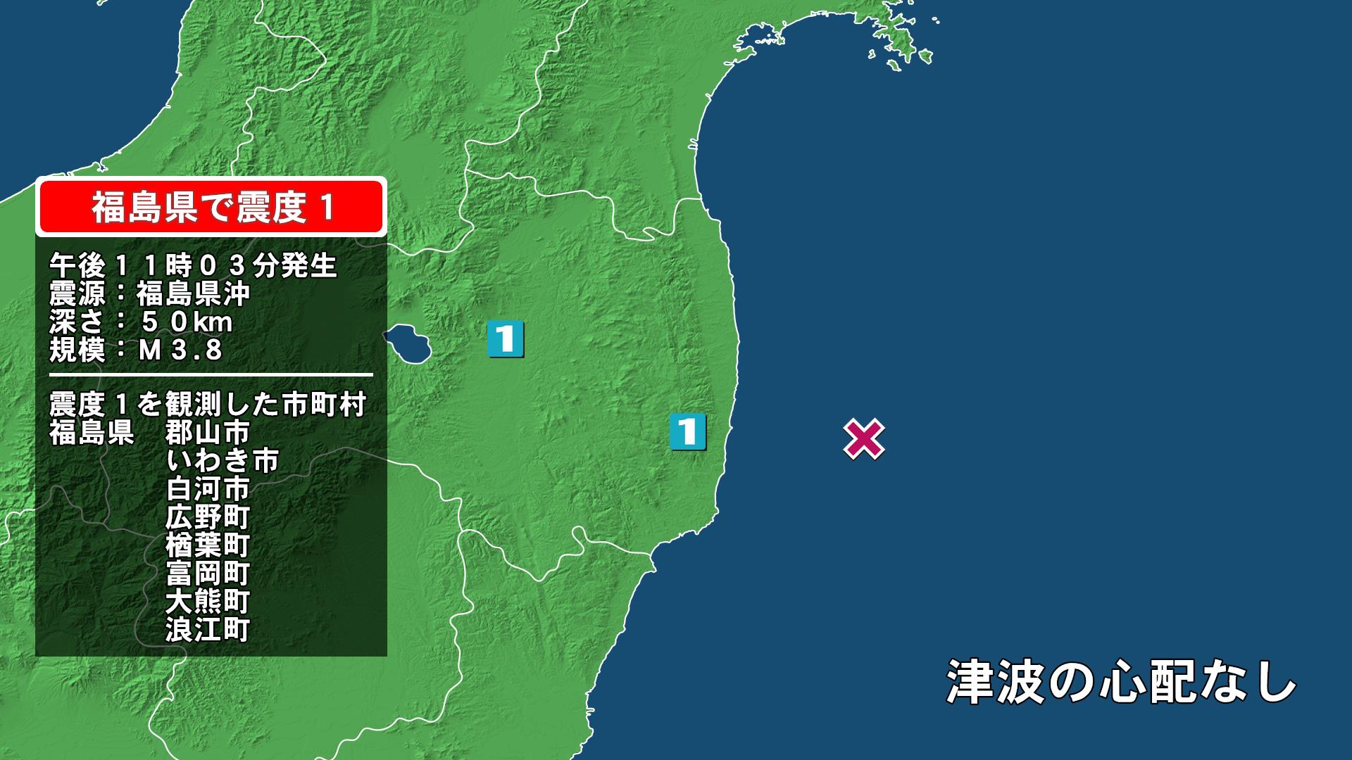 福島県で最大震度1の地震　福島県・郡山市、白河市、いわき市、福島広野町、楢葉町、富岡町、大熊町、浪江町