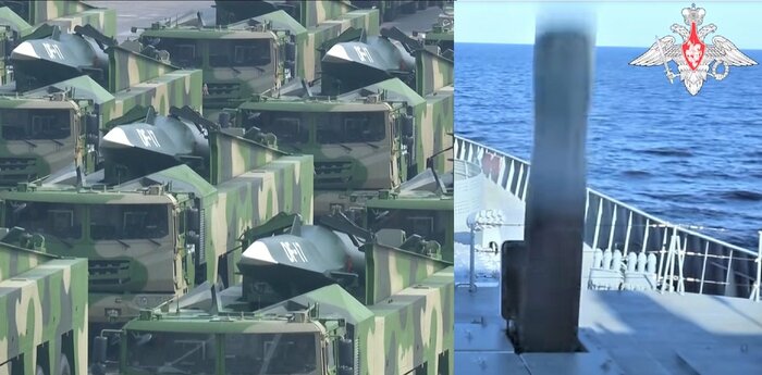 中国のDF-17極超音速滑空体ミサイル(左)ジルコン極超音速巡航ミサイル(ロシア国防省公式映像 Youtubeより・2021年7月19日)(右)
