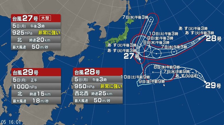 【台風情報】トリプル台風の進路予想　台風28号と29号の距離が近づく可能性　予想が難しく、進路予想が変わりやすくなることも　最新情報に注意　台風27号は小笠原近海を北上｜FNNプライムオンライン