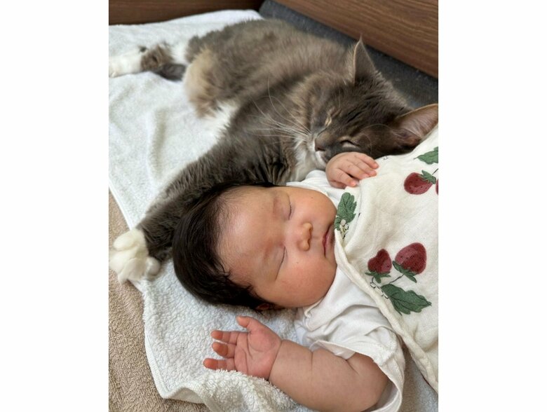 自宅で飼っているエルモくんと寝ているゆいちゃん（提供：エルモとみみりんさん）